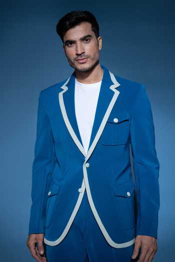 Varoin Marwah Blue Crepe The Indigo Edge Plain Blazer Set at Aza Fashions Varoin Marwah_Blue Crepe The Indigo Edge Plain Blazer Set _at_Aza_Fashions