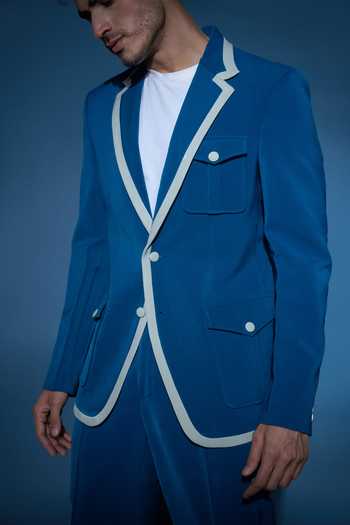 Buy Varoin Marwah Blue Crepe The Indigo Edge Plain Blazer Set Buy_Varoin Marwah_Blue Crepe The Indigo Edge Plain Blazer Set