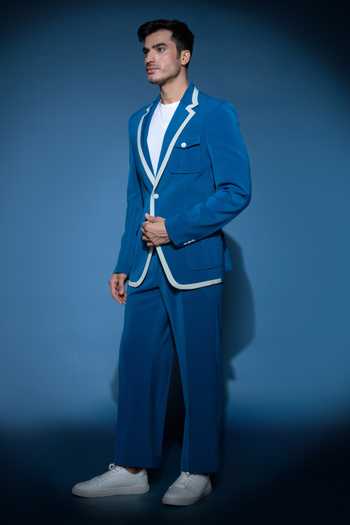 Shop Varoin Marwah Blue Crepe The Indigo Edge Plain Blazer Set Shop_Varoin Marwah_Blue Crepe The Indigo Edge Plain Blazer Set