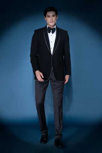 Varoin Marwah_Black Suiting The Matte Fall Cord Blazer _Online_at_Aza_Fashions