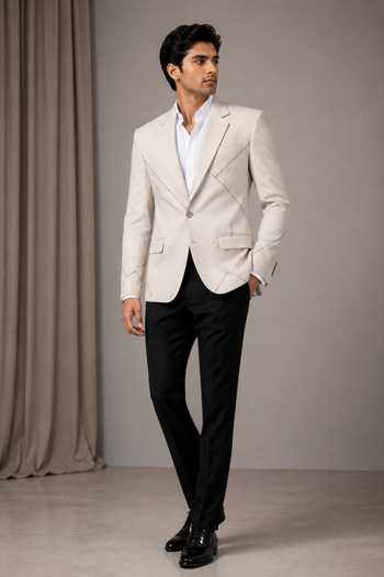 Varoin Marwah_White Linen Geometric Piping Blazer _Online_at_Aza_Fashions