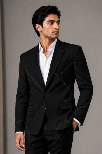 Varoin Marwah Black Geometric Piping Blazer