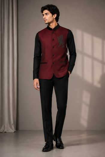 Varoin Marwah Maroon Velvet Embroidery Lion Motif Bundi Online at Aza Fashions Varoin Marwah_Maroon Velvet Embroidery Lion Motif Bundi _Online_at_Aza_Fashions