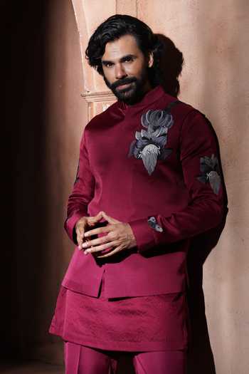 Buy_Varoin Marwah_Red Velvet The Throne Of Leaves Embroidered Nehru Jacket _Online_at_Aza_Fashions