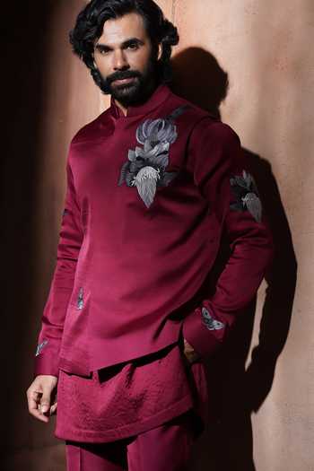 Varoin Marwah_Red Velvet The Throne Of Leaves Embroidered Nehru Jacket _at_Aza_Fashions