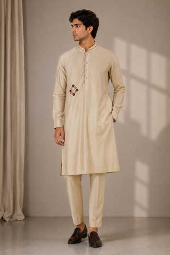 Varoin Marwah Beige Silk French Knot Embroidered Kurta Online at Aza Fashions Varoin Marwah_Beige Silk French Knot Embroidered Kurta _Online_at_Aza_Fashions