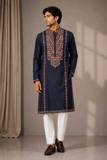 Varoin Marwah Blue Silk Floral Embroidred Kurta Online at Aza Fashions Varoin Marwah_Blue Silk Floral Embroidred Kurta _Online_at_Aza_Fashions