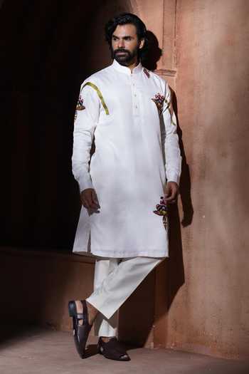 Shop_Varoin Marwah_White Silk The Tropical Bloom Embroidered Kurta Set _Online_at_Aza_Fashions