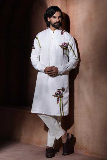 Varoin Marwah_White Silk The Tropical Bloom Embroidered Kurta Set _at_Aza_Fashions