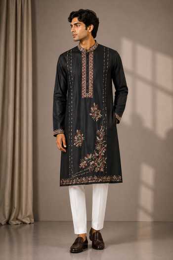 Varoin Marwah_Black Silk Floral Embridered Kurta _Online_at_Aza_Fashions