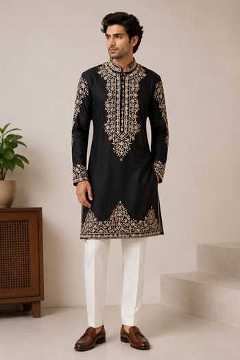 Varoin Marwah Black Silk Pitta Work Kurta Online at Aza Fashions Varoin Marwah_Black Silk Pitta Work Kurta _Online_at_Aza_Fashions