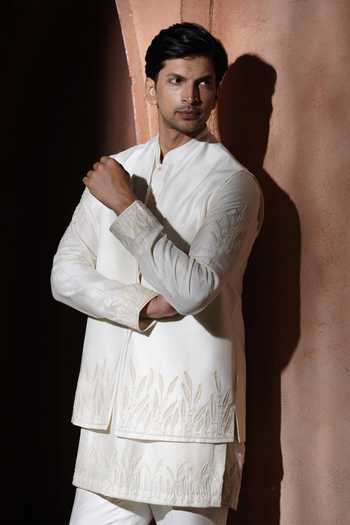 Buy_Varoin Marwah_Beige Silk The Mrinal Embroidered Nehru Jacket Set _Online_at_Aza_Fashions