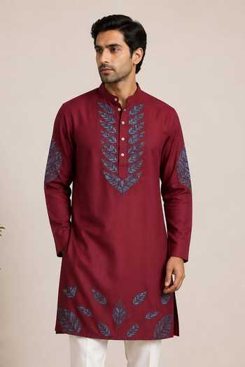 Varoin Marwah Red Silk Leaves Patchwork Embroidered Kurta Set Online at Aza Fashions Varoin Marwah_Red Silk Leaves Patchwork Embroidered Kurta Set _Online_at_Aza_Fashions