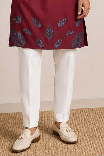 Buy_Varoin Marwah_Red Silk Leaves Patchwork Embroidered Kurta Set _Online_at_Aza_Fashions