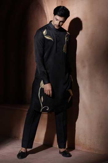 Buy_Varoin Marwah_Black Silk The Midnight Lotus Embroidered Kurta Set _Online_at_Aza_Fashions