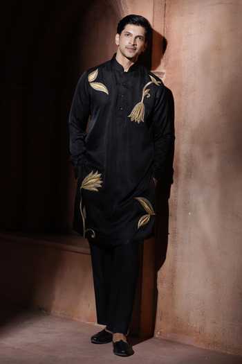 Shop_Varoin Marwah_Black Silk The Midnight Lotus Embroidered Kurta Set _Online_at_Aza_Fashions
