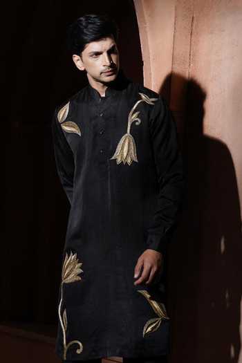 Varoin Marwah_Black Silk The Midnight Lotus Embroidered Kurta Set _at_Aza_Fashions