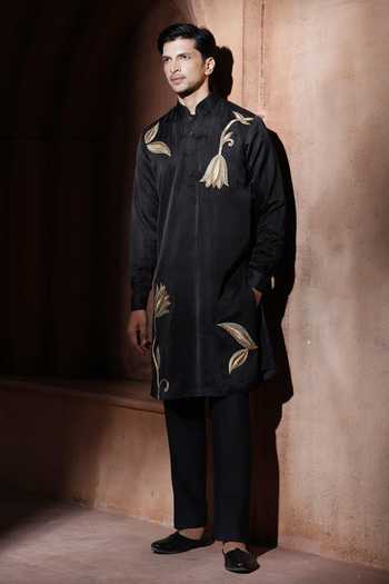 Buy_Varoin Marwah_Black Silk The Midnight Lotus Embroidered Kurta Set 
