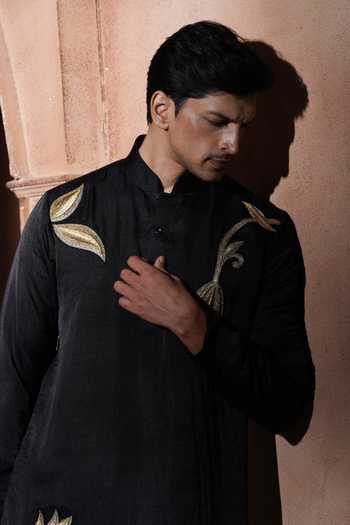 Shop_Varoin Marwah_Black Silk The Midnight Lotus Embroidered Kurta Set 