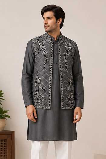 Varoin Marwah Grey Silk Embroidery, Zari Floral Bundi And Kurta Set Online at Aza Fashions Varoin Marwah_Grey Silk Embroidery, Zari Floral Bundi And Kurta Set _Online_at_Aza_Fashions
