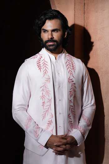 Varoin Marwah_Pink Silk Blushvine Embroidered Nehru Jacket Set _at_Aza_Fashions