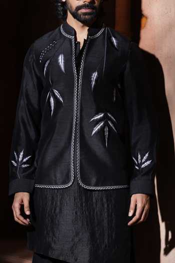 Varoin Marwah_Black Silk Argent Foliage Embroidered Nehru Jacket Set _Online_at_Aza_Fashions
