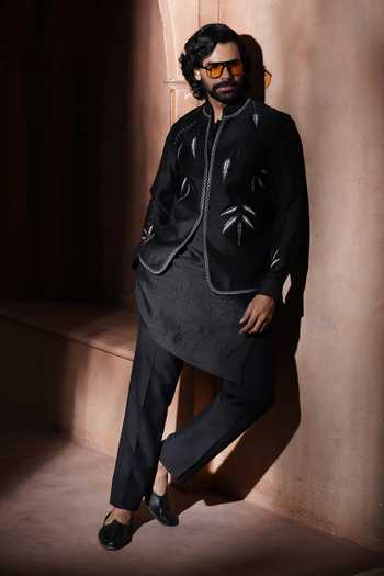 Varoin Marwah Argent Foliage Embroidered Silk Nehru Jacket Set 