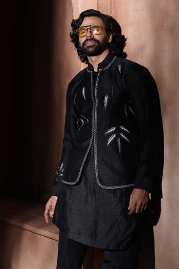 Buy_Varoin Marwah_Black Silk Argent Foliage Embroidered Nehru Jacket Set _Online_at_Aza_Fashions