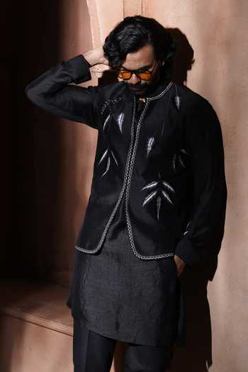 Shop_Varoin Marwah_Black Silk Argent Foliage Embroidered Nehru Jacket Set _Online_at_Aza_Fashions