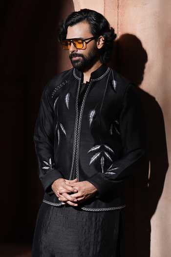 Varoin Marwah_Black Silk Argent Foliage Embroidered Nehru Jacket Set _at_Aza_Fashions