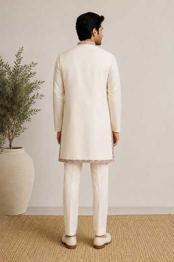 Varoin Marwah Off White Silk, Cotton Lotus Embroidered Bundi Set Online at Aza Fashions Varoin Marwah_Off White Silk, Cotton Lotus Embroidered Bundi Set _Online_at_Aza_Fashions