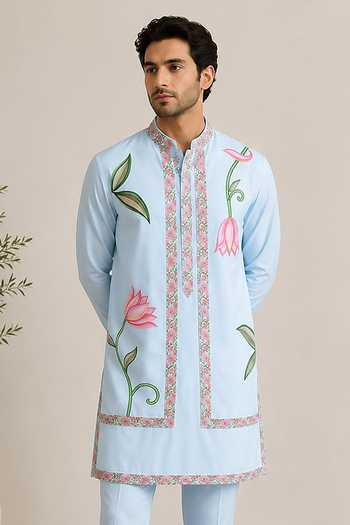 Varoin Marwah Sky Blue Silk, Cotton Lotus Embroidered Bundi And Kurta Set Online at Aza Fashions Varoin Marwah_Sky Blue Silk, Cotton Lotus Embroidered Bundi And Kurta Set _Online_at_Aza_Fashions
