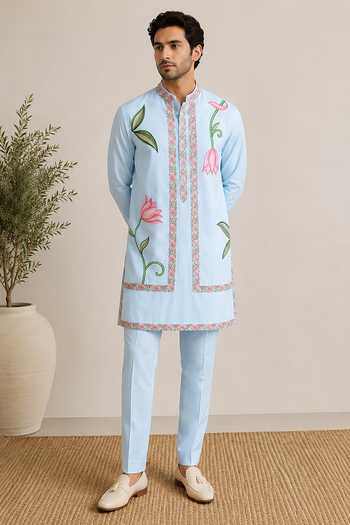 Varoin Marwah Lotus Embroidered Bundi & Kurta Set 
