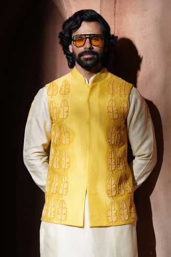Buy_Varoin Marwah_Yellow Silk The Zareen Embroidered Nehru Jacket Set _Online_at_Aza_Fashions