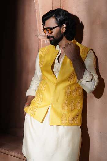 Shop_Varoin Marwah_Yellow Silk The Zareen Embroidered Nehru Jacket Set _Online_at_Aza_Fashions