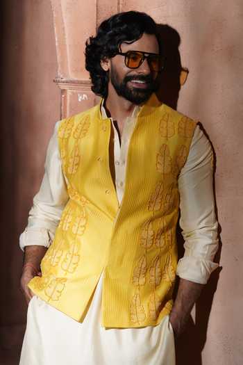 Varoin Marwah_Yellow Silk The Zareen Embroidered Nehru Jacket Set _at_Aza_Fashions