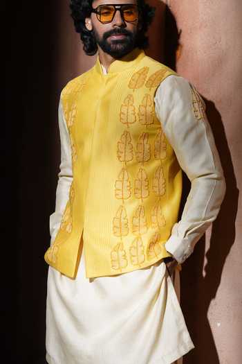 Buy_Varoin Marwah_Yellow Silk The Zareen Embroidered Nehru Jacket Set 