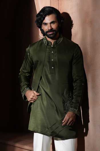 Buy_Varoin Marwah_Olive Green Silk Embroidery The Wild Wine Bundi And Kurta Set _Online_at_Aza_Fashions