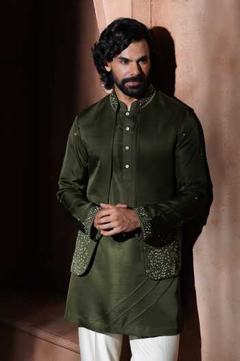 Shop_Varoin Marwah_Olive Green Silk Embroidery The Wild Wine Bundi And Kurta Set _Online_at_Aza_Fashions