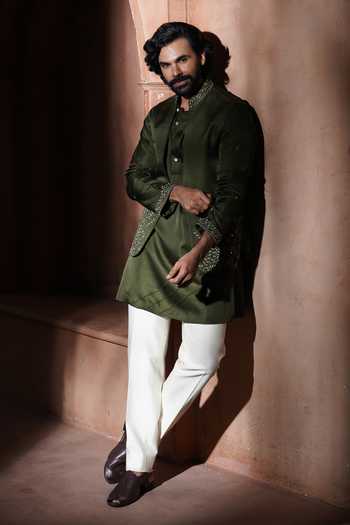 Buy_Varoin Marwah_Olive Green Silk Embroidery The Wild Wine Bundi And Kurta Set 