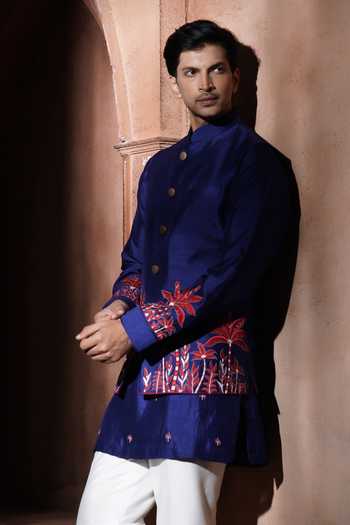 Varoin Marwah_Blue Silk The Crimson Palm Embroidered Bundi And Kurta Set _Online_at_Aza_Fashions