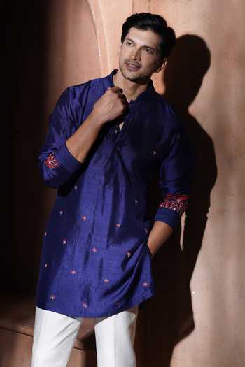 Varoin Marwah_Blue Silk The Crimson Palm Embroidered Bundi And Kurta Set _at_Aza_Fashions