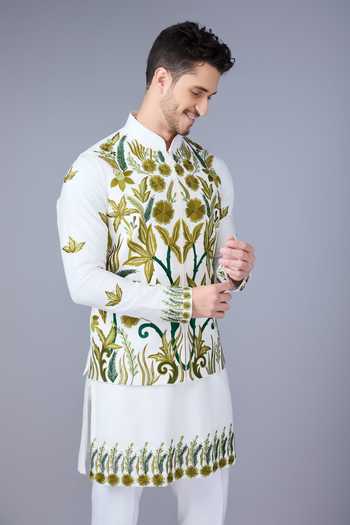 Buy Varoin Marwah White Silk Garden Of Nawabs Bundi And Kurta Set Online at Aza Fashions Buy_Varoin Marwah_White Silk Garden Of Nawabs Bundi And Kurta Set _Online_at_Aza_Fashions