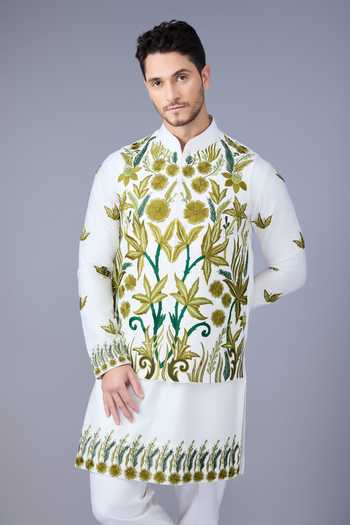 Shop Varoin Marwah White Silk Garden Of Nawabs Bundi And Kurta Set Online at Aza Fashions Shop_Varoin Marwah_White Silk Garden Of Nawabs Bundi And Kurta Set _Online_at_Aza_Fashions