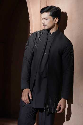 Varoin Marwah_Black Silk The Dark Bloom Embroidered Nehru Jacket Set _Online_at_Aza_Fashions