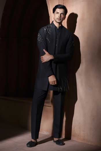 Buy_Varoin Marwah_Black Silk The Dark Bloom Embroidered Nehru Jacket Set _Online_at_Aza_Fashions