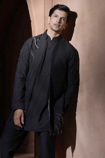 Shop_Varoin Marwah_Black Silk The Dark Bloom Embroidered Nehru Jacket Set _Online_at_Aza_Fashions