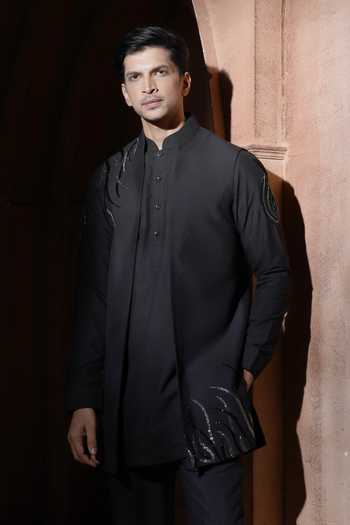 Varoin Marwah_Black Silk The Dark Bloom Embroidered Nehru Jacket Set _at_Aza_Fashions