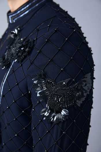 Buy_Varoin Marwah_Blue Silk Celestial Wing Embroidered Sherwani Set _Online_at_Aza_Fashions