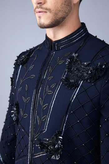 Varoin Marwah_Blue Silk Celestial Wing Embroidered Sherwani Set _at_Aza_Fashions